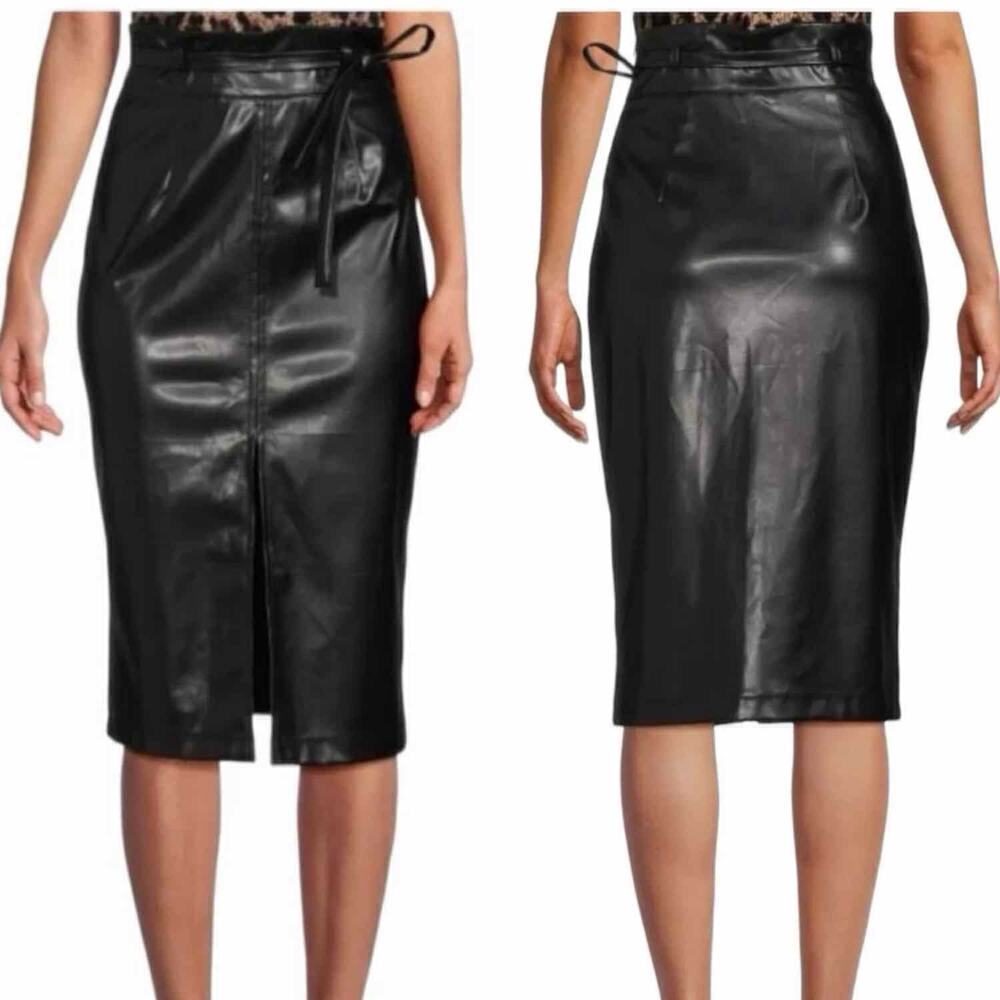 Area Stars Leatherette Vegan Leather Belted Midi Skirt Front Slit Size XS Black